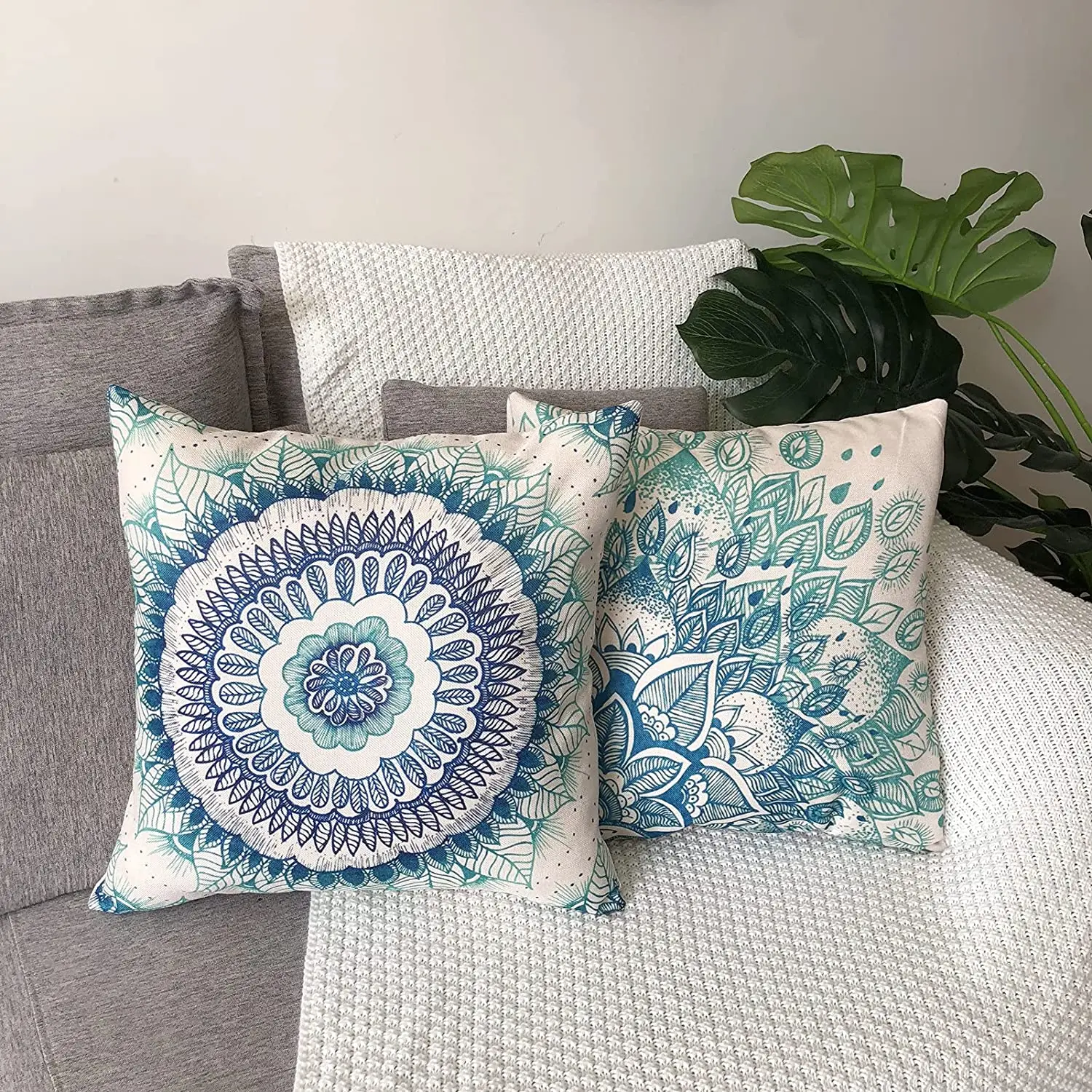 Blue Mandala Linen Cushion Cover for Car Living Room Sofa Bedroom Home Decor, 40x40 45x45 50x50 60x60 Pillowcase