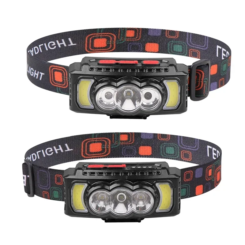 Fishing Headlamp XPE+LED+COB Strong Light Headlamp Built-in Battery USB Charging Wave Sensor Power Display Headlamp