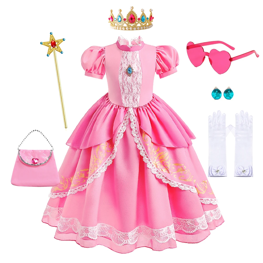 Girl Peach Dress up Lace Ball Gown Princess Costume Kid Cute Pink Frock Gorgeous Halloween Clothing Video Game Movie Cosplay