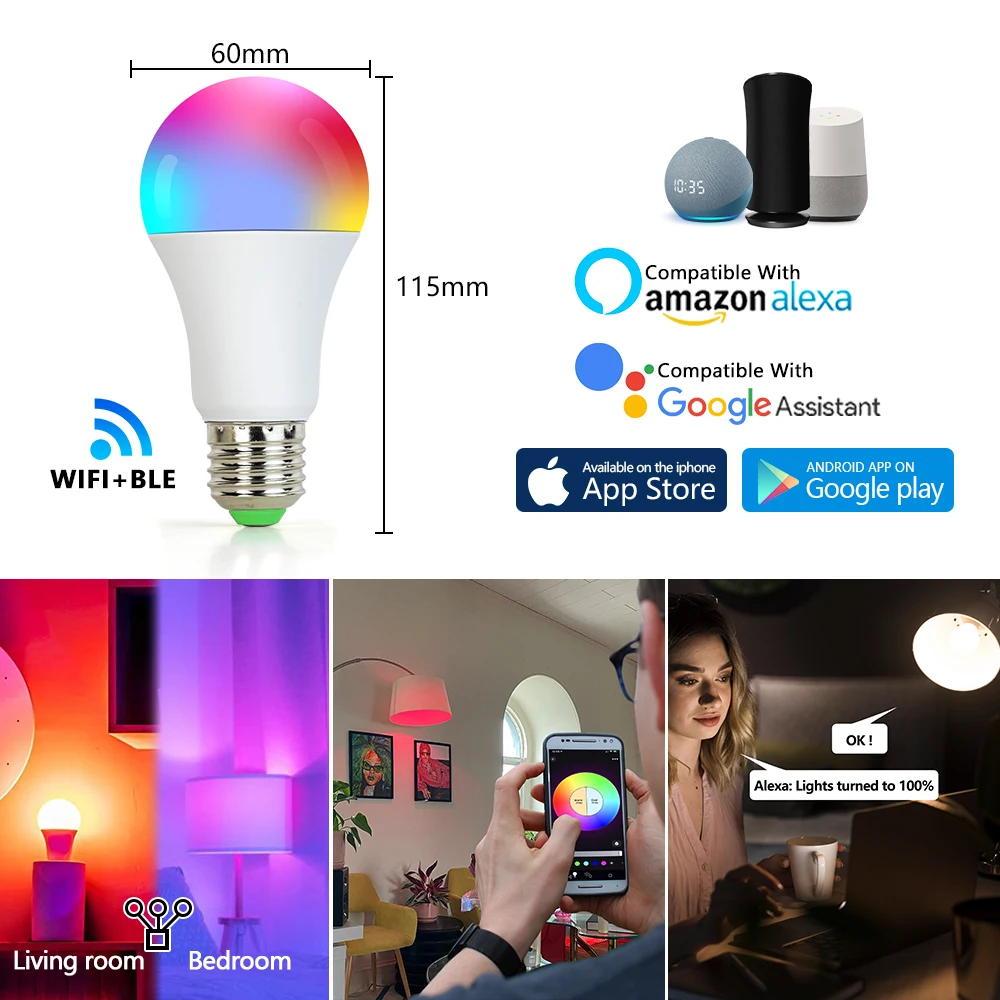 Smart RGB CCT LED Lamp Bulb E27 10W AC 220V Dimmable Colorful Neon Light Bulb Smart Life App Control Support Alexa Google Light