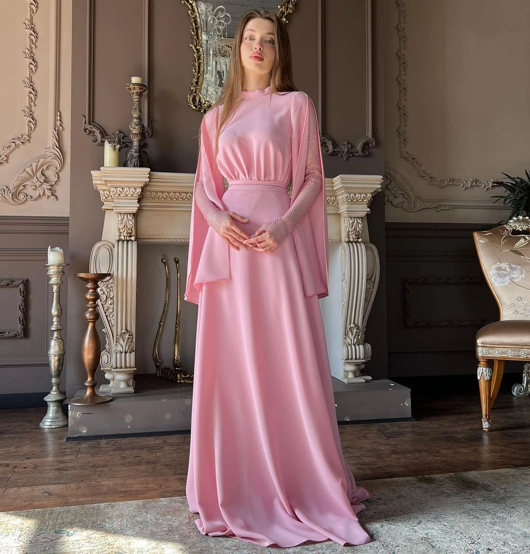 

Lovestory Pink A Line Evening Dresses High Collar Long Sleeves Dubai Party Saudi Arabia Women Wear Prom Formal Occasion Gowns