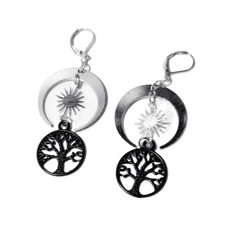 Personalizado. Fábrica de brincos de árvore preta com lua boêmia com borda de Juneucalyptus