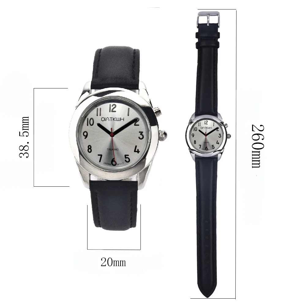 QIATKWH Russian talking watch,Silver case, black leather strap/silver stainless steel telescopic strap