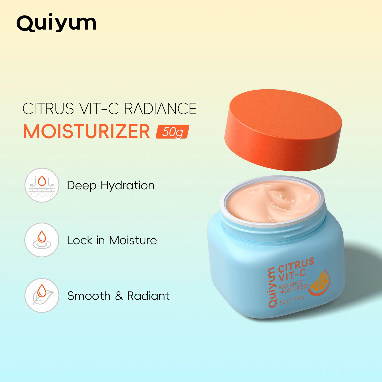 Quiyum Citrus Vit‑C Radiance Moisturizer 50g Deep Hydrating Lock‑In‑Moisture Smooth Radiant Face Cream 4D Hyaluronic Acid Daily