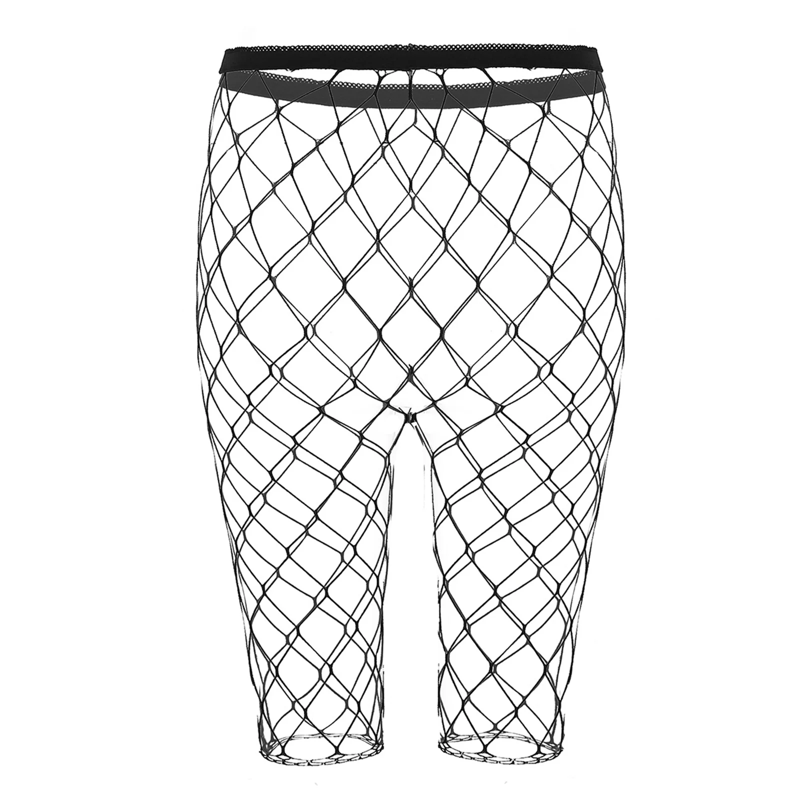 Mens Black Sheer See Through Fishnet Mesh High Waisted Knee Length High Stretchy Legging Half Pants Swimwear Sexy Party Clubwear