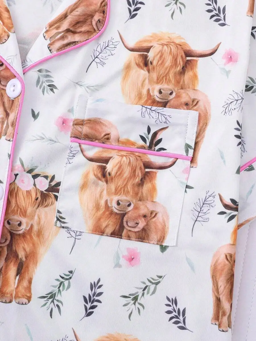 

Women Floral Cow Print Pajama Set Short Sleeve Button Up Shirt Elastic Waist Shorts
