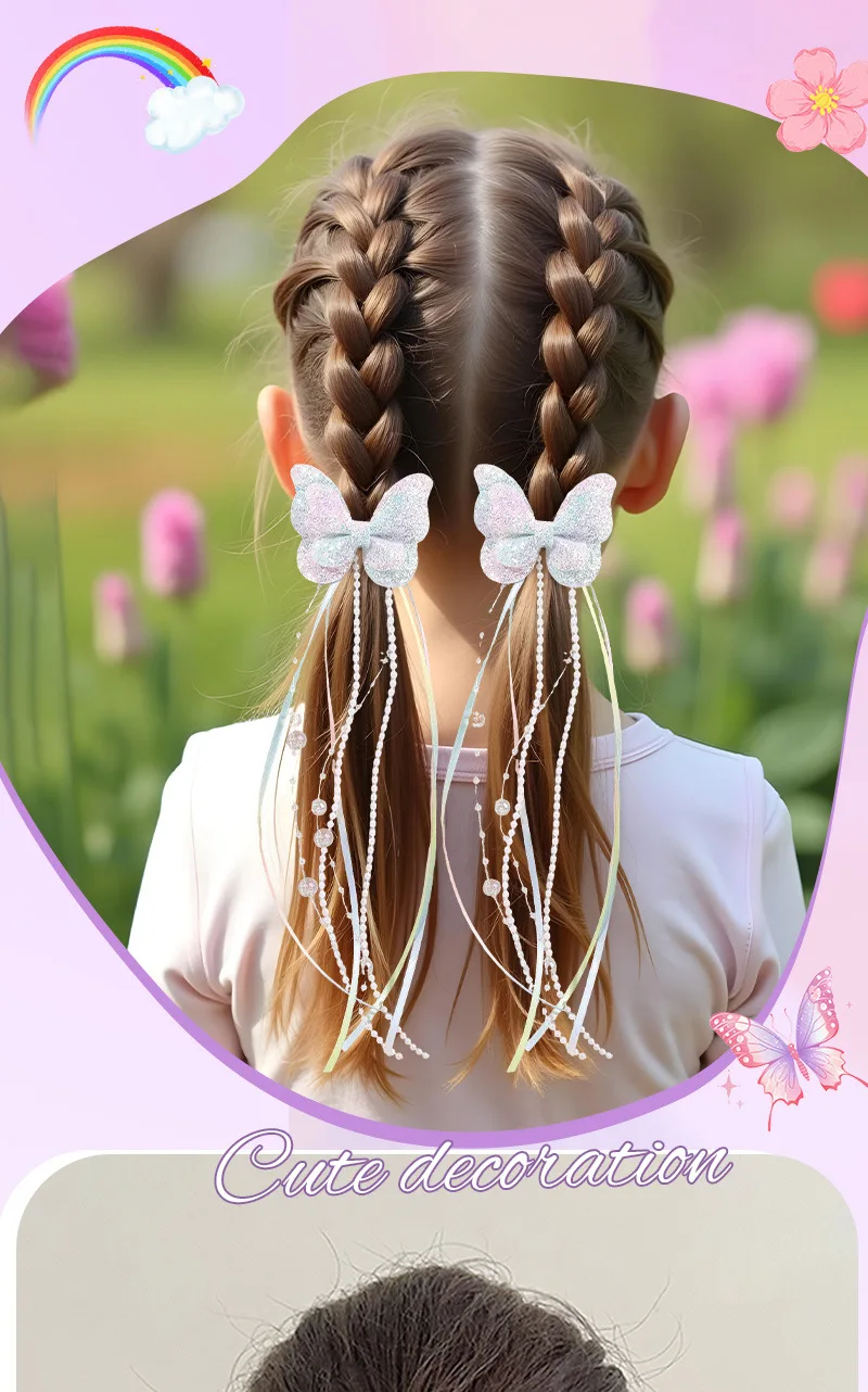 2 Stück niedliche Haarspangen mit Farbverlauf und Schmetterlingsmotiv für Mädchen, glänzende, lange Quasten und Schleifen, Haaraccessoires im süßen Prinzessinnen-Stil. – Detail 1