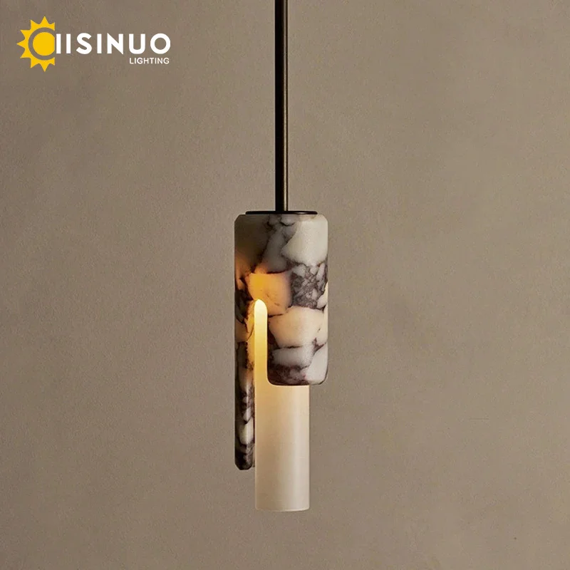 Cylindrical Spanish Marble Hanging Pendant Lamps Luxury Natural Stone Bedside Lights for Home Bedroom Kitchen Living Dining Room