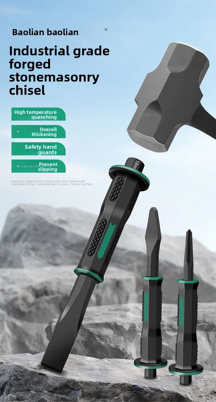 Chrom-Vanadium-Stahl Schnitzmeißel, Flachmeißel mit Handschutz für Bau, Zement, Mauerwerk, Beton, Gravur und Schneidarbeiten – Detail 1