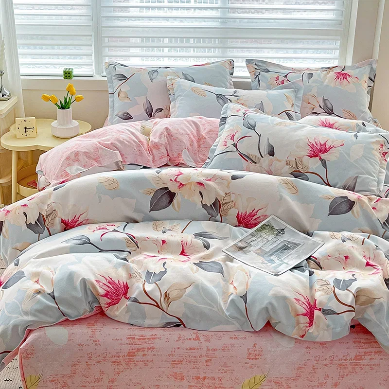 3pcs Floral Duvet Cover Set, Soft Thickened Bedding Botanical Pink Blue Flower Pattern Comforter Cover for Bedroom, Guest Room