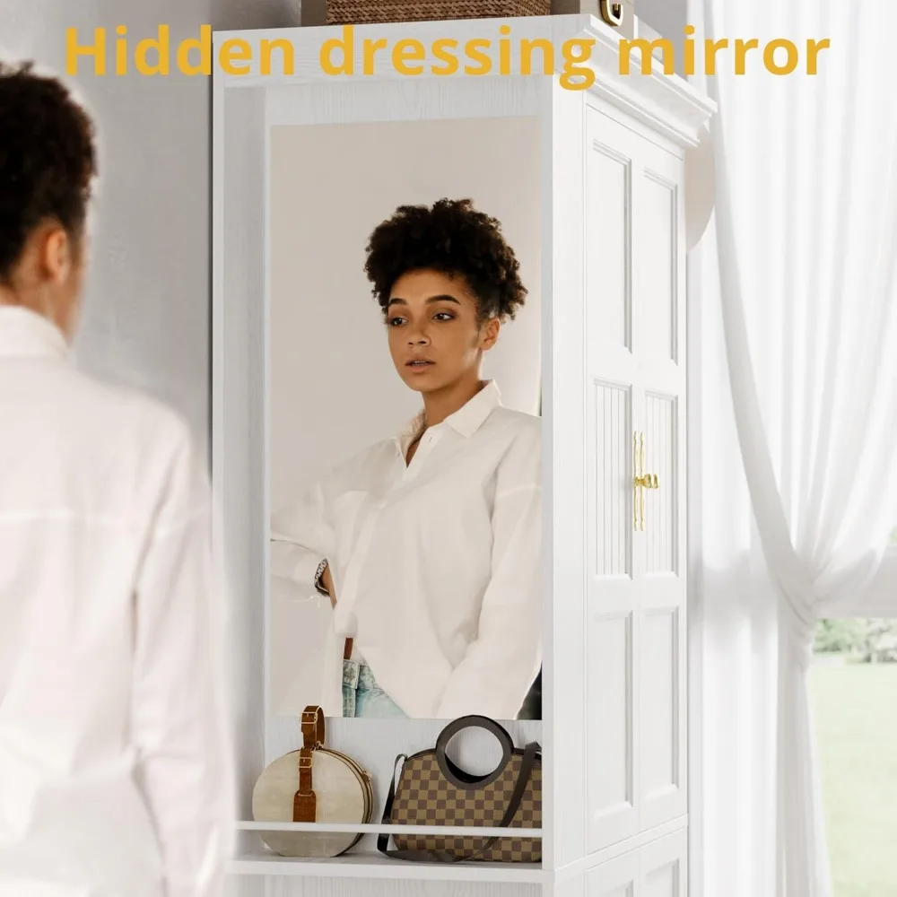 خزانة ملابس خشبية قائمة بذاتها مقاس 70 بوصة مع مرآة و4 أبواب، تتميز برفين مفتوحين لتخزين غرفة النوم