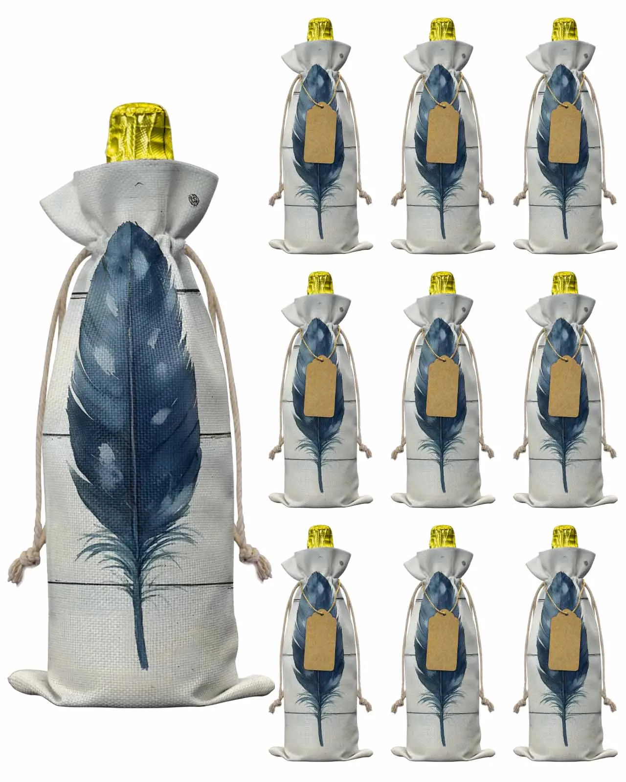 

10pcs Wine Bottle Covers Watercolor Wood Feather Wine Holder Carrier Packaging Bag Wedding Party Decor Gift