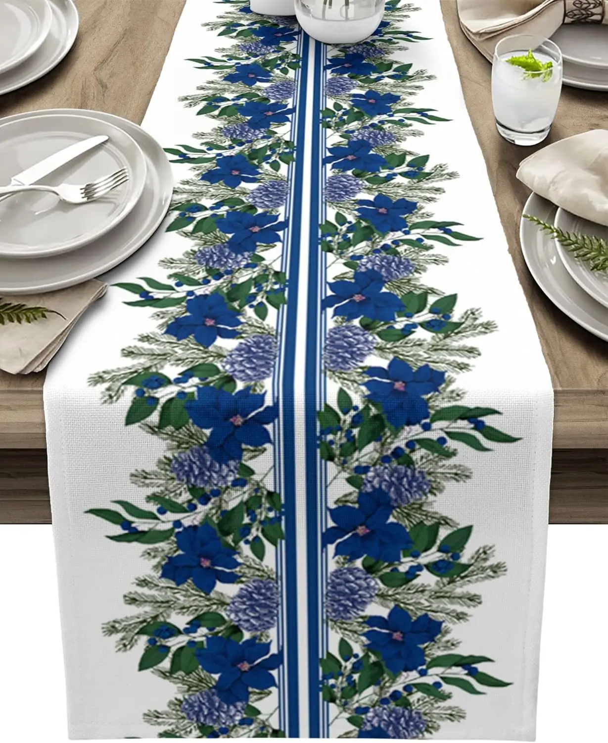 Christmas Blue Poinsettia Pine Cone Linen Table Runner Dresser Scarves Winter Xmas Dining Table Runner Christmas Decorations