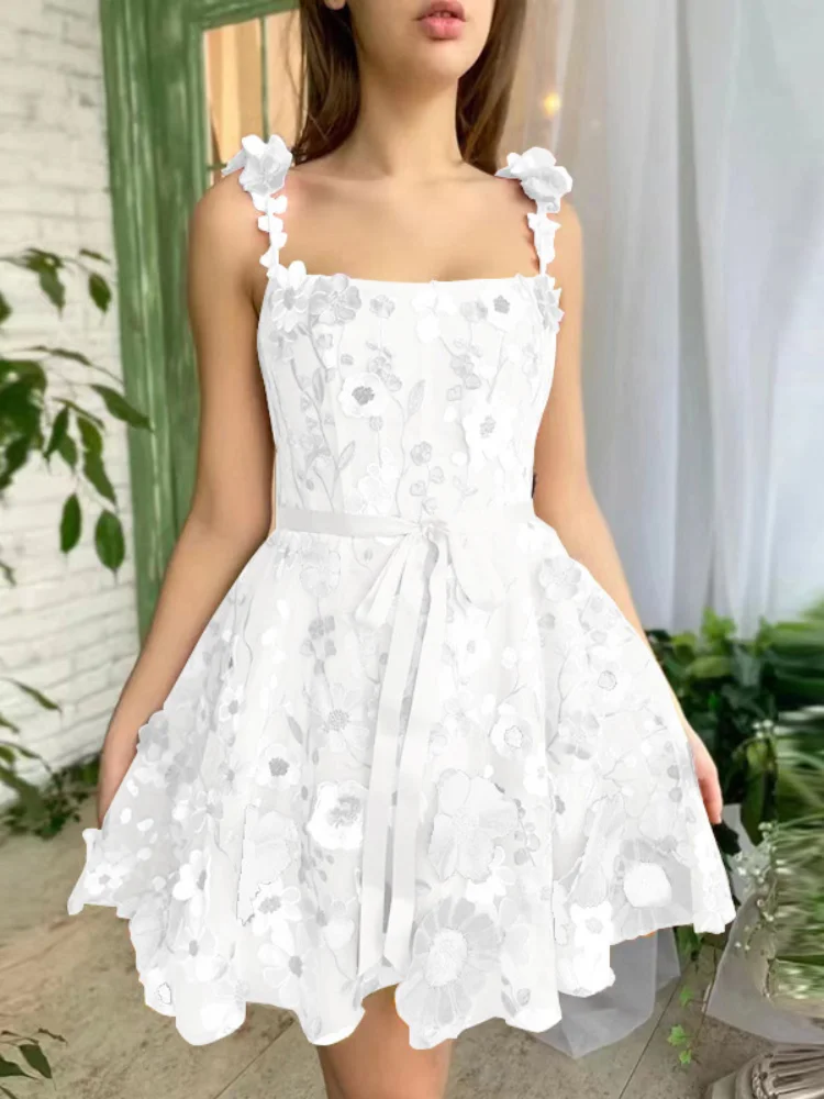 Elegant 3D Flowers Embroidery Women Strap Dresses Sweet Lace up Off Shoulder Backless Party Dress 2024 Spring Summer Lady Robe