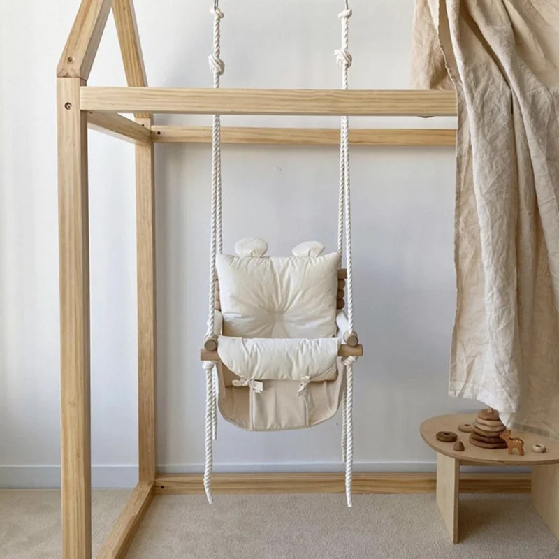 INS Korean Style Baby Cotton and Linen Swing Chair Hanging Wood Children Kindergarten Toy Outside Toy Rocker For Kids