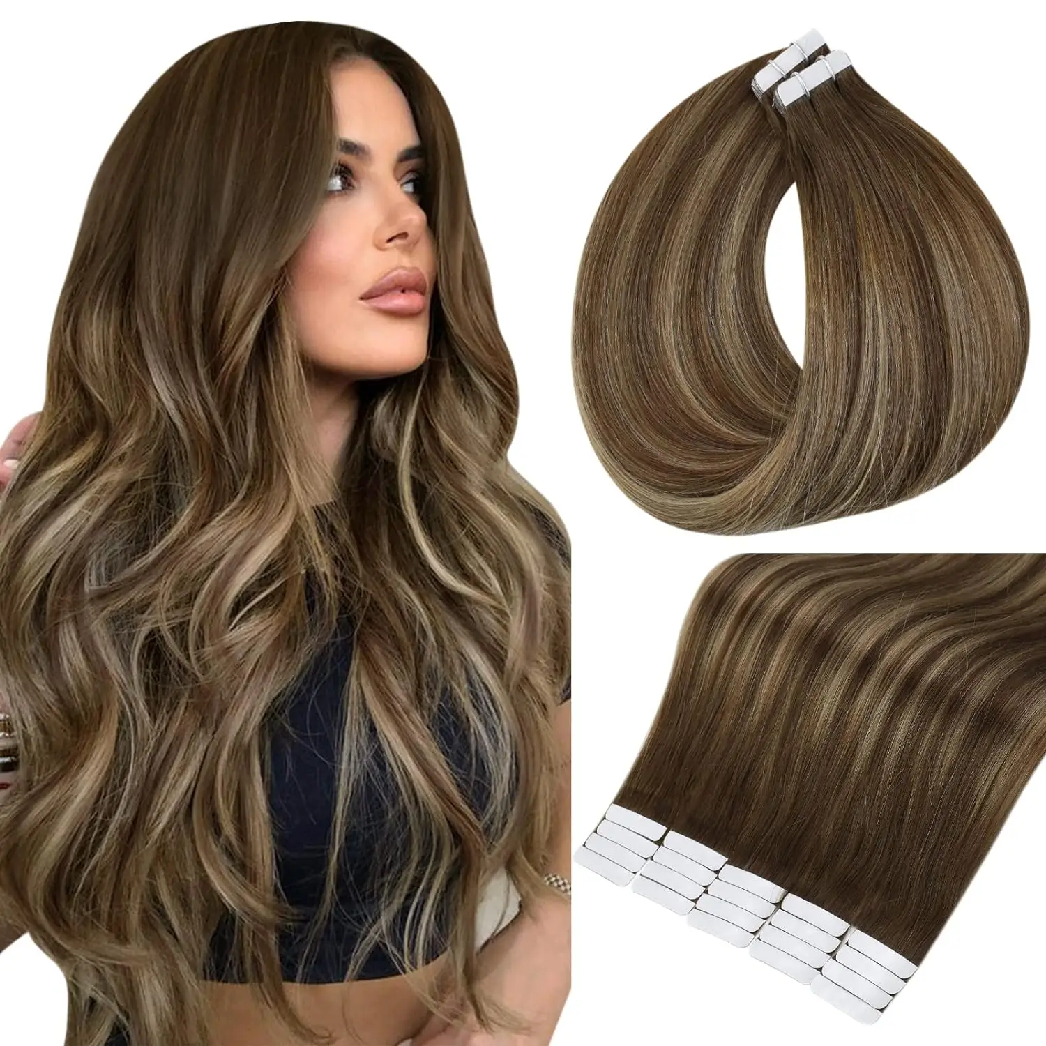 Tape In Hair Extensions Human Hair 4/27 Highlight Brown Straight Adhesive Glue on Premium Quality Silky Invisible Seamless  40g