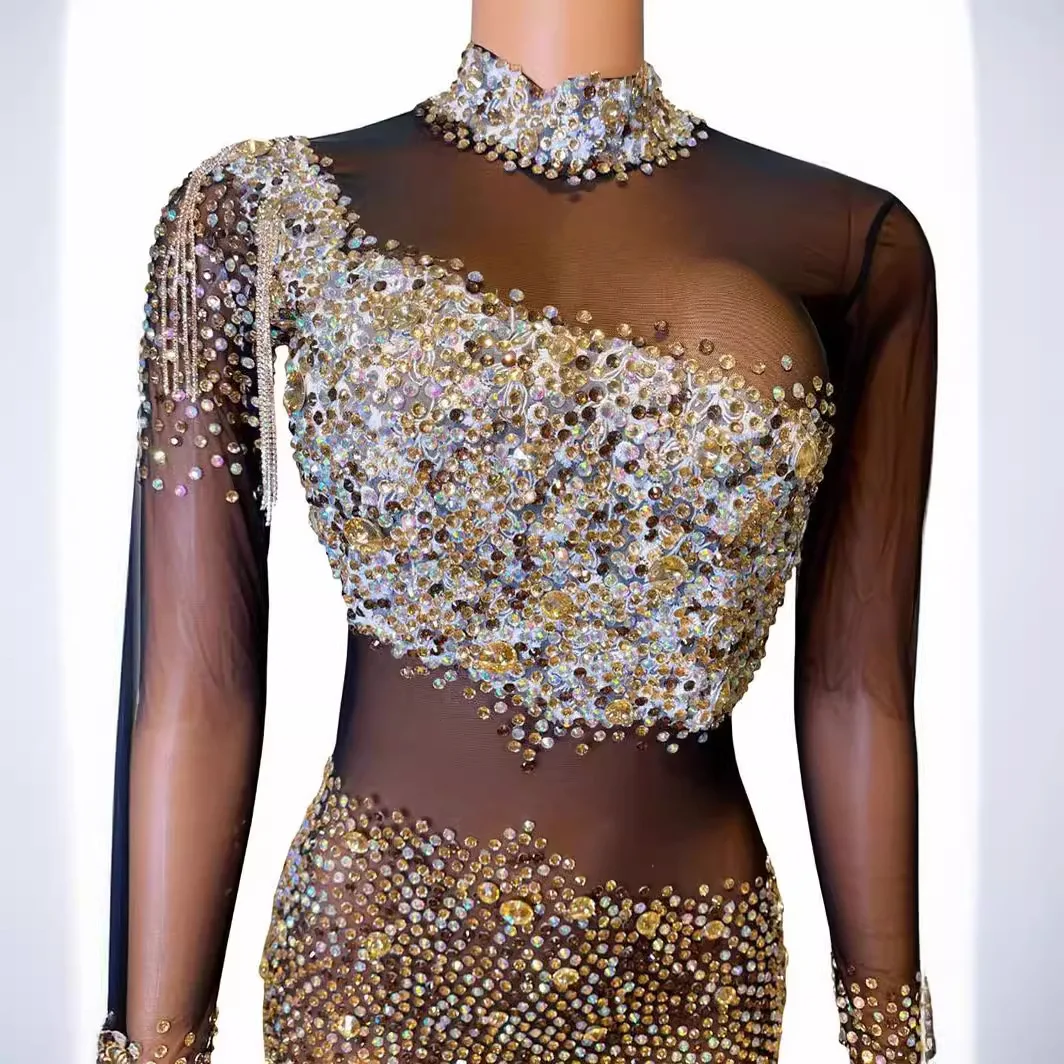 Diamond Birthday Dress Elegant Sparkle Diamond Mesh Ball Dress High Neck Knee Ladies Vestidos De Graduación Vestidos De Flamenca