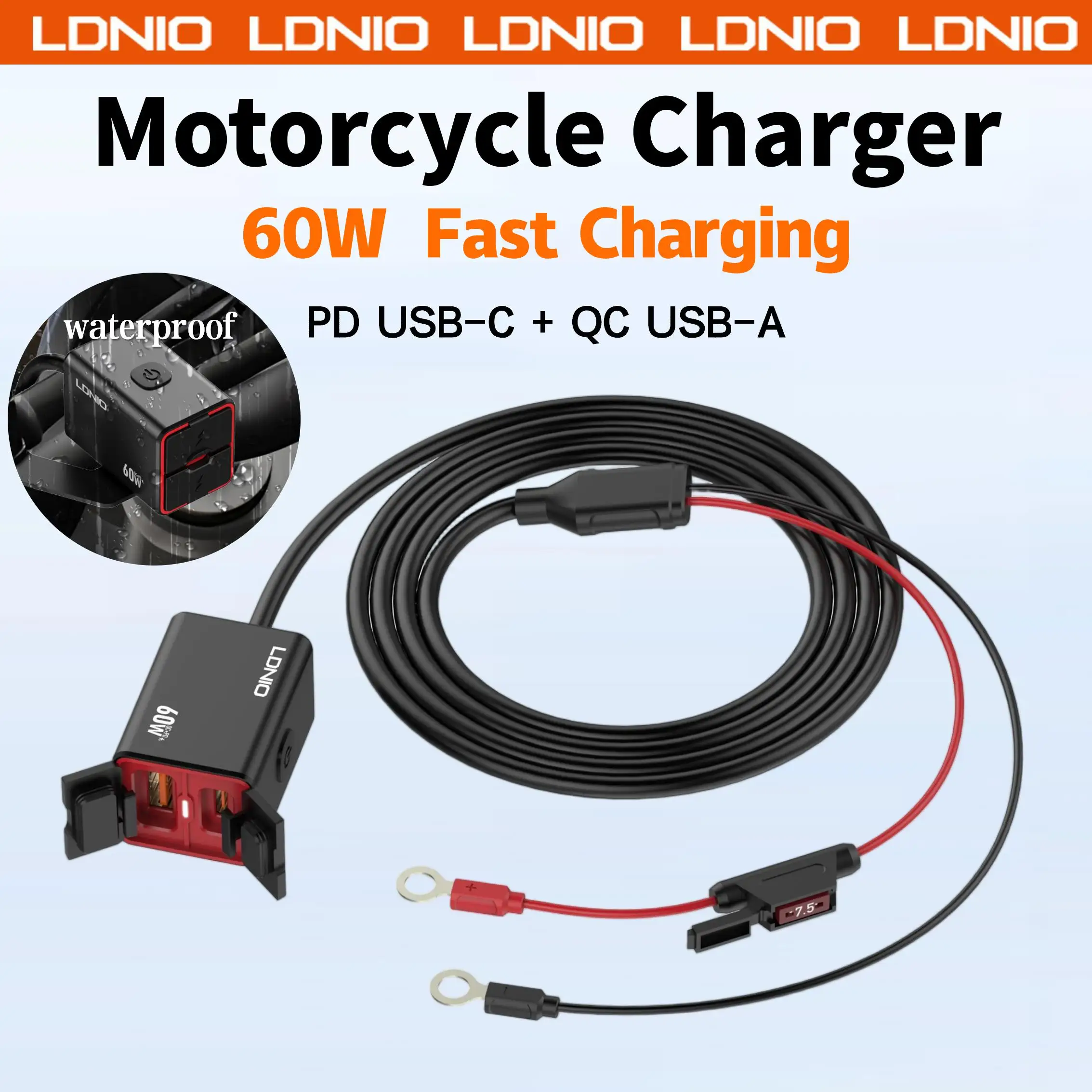 LDNIO Motorcycle USB Fast Charger 60W Handlebar Dual USB C UAB A Rearview Mirror Waterproof Power Supply Adapter with Switch