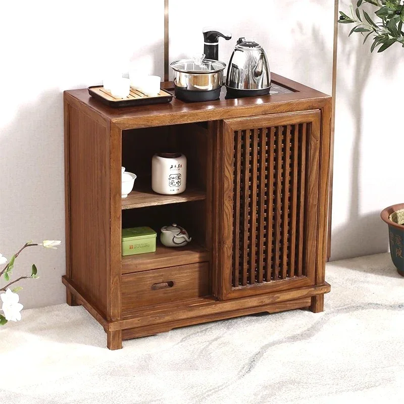 Log color tea cabinet, solid wood boiling water mobile tea table, all solid wood light luxury cooking