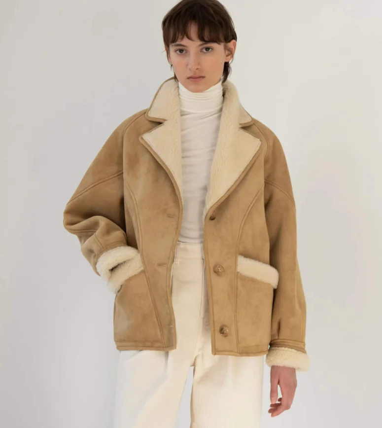 

Thiened Casual Lamb Fur Suede Jaet with Stand Collar Inteated with eepskin Coat Warm Outerwear for Women Commute Sle