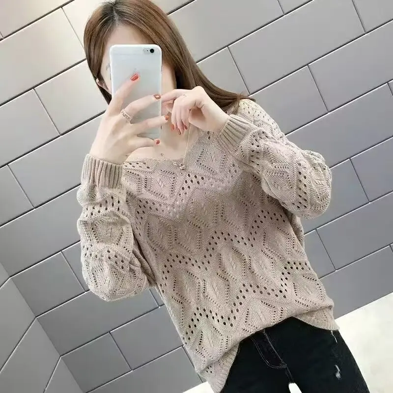 New Women\'s V-neck Hollow Knitted Shirt for Women Thin Edition, Early Autumn Top Versatile Hoodie Trendy Outfit