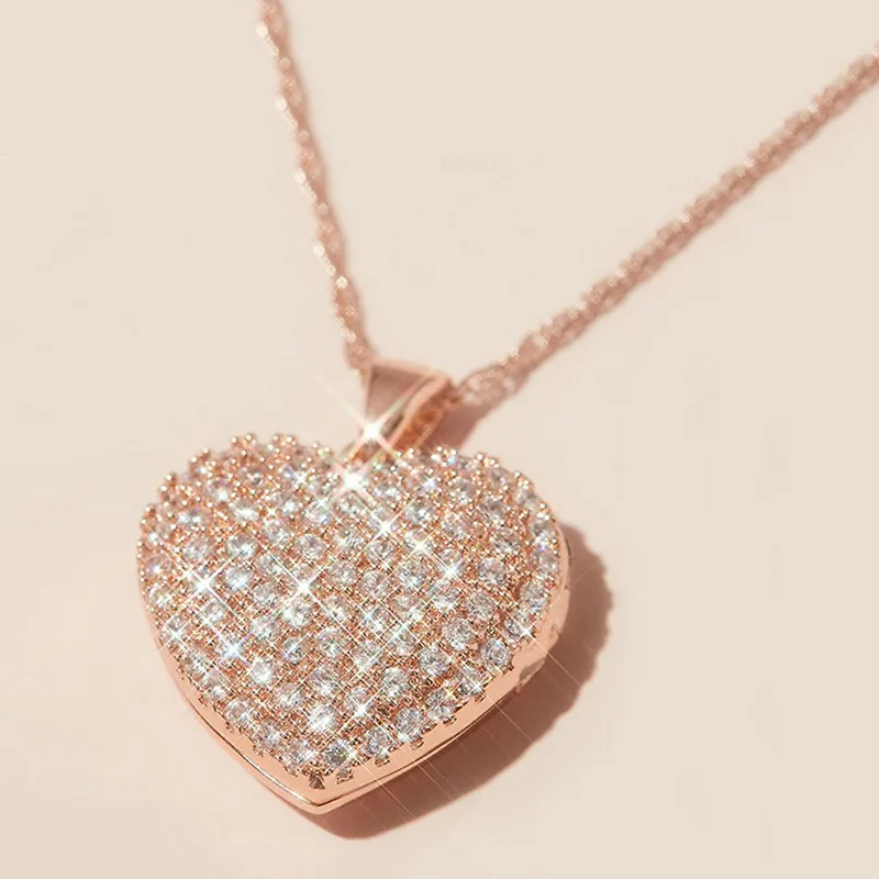 Huitan Aesthetic Rose Gold Color Heart Necklace for Women Full Paved Bling CZ Stone Fashion Wedding Jewelry Birthday Gift Bulk