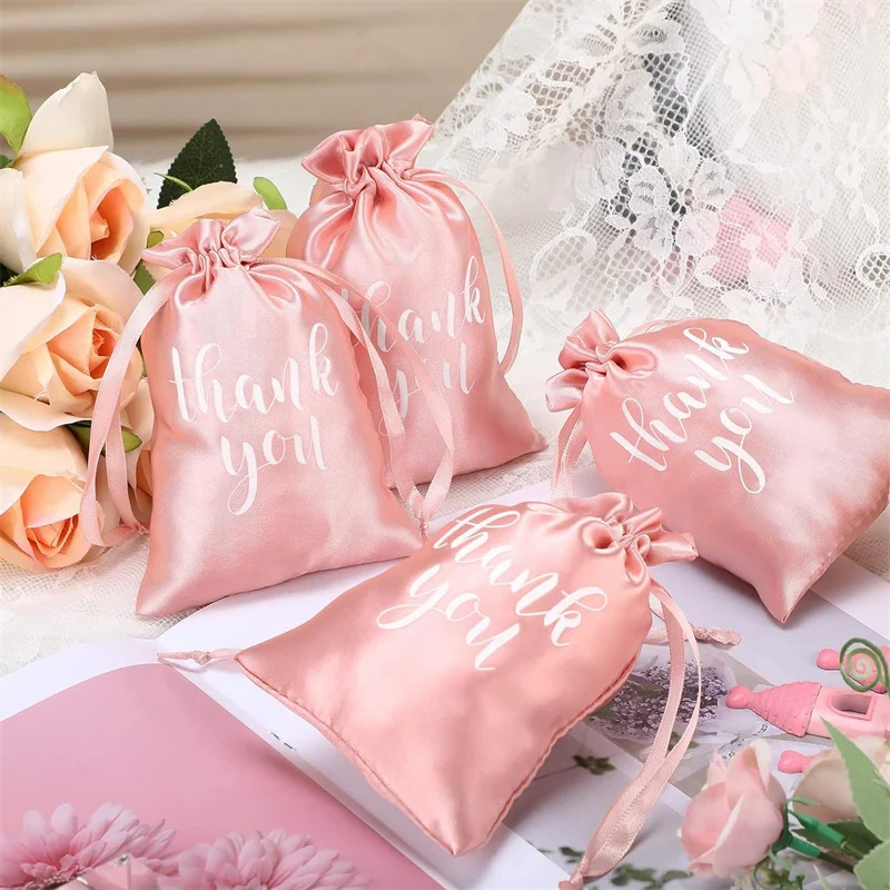 StoBag 5pcs Pink Silk Bags Small Thank You Hangover Gift Jewelry Package Drawstring Storage Pocket Reusable Pouch Wedding Party