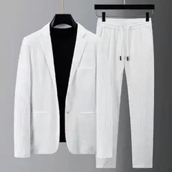 Blazer e calças plissadas listradas masculinas, bolsos soltos de lapela, cordão fino, negócio formal, negócio, terno de 2 peças