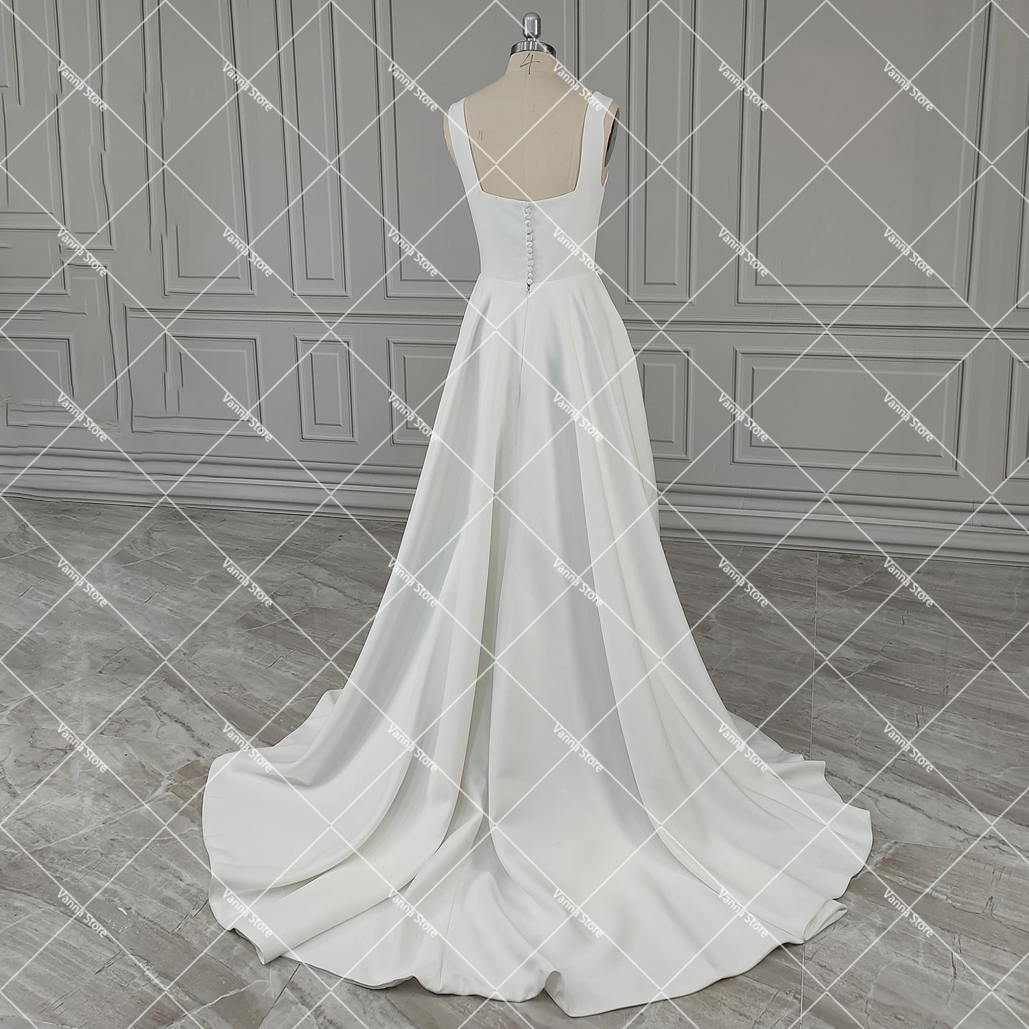 Elegant Matte Satin Square Neck Wedding Dress With Pockets Thick Customized Sleeveless Buttons Open Back A Line Bridal Gowns