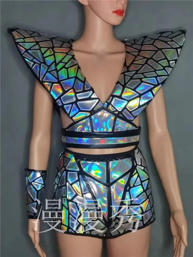 Silver Reflective Mirror High Shoulder Top Shorts Cuff/Bodysuit+Mask Combination Performance Costume Singer Jazz Dance Team Wear