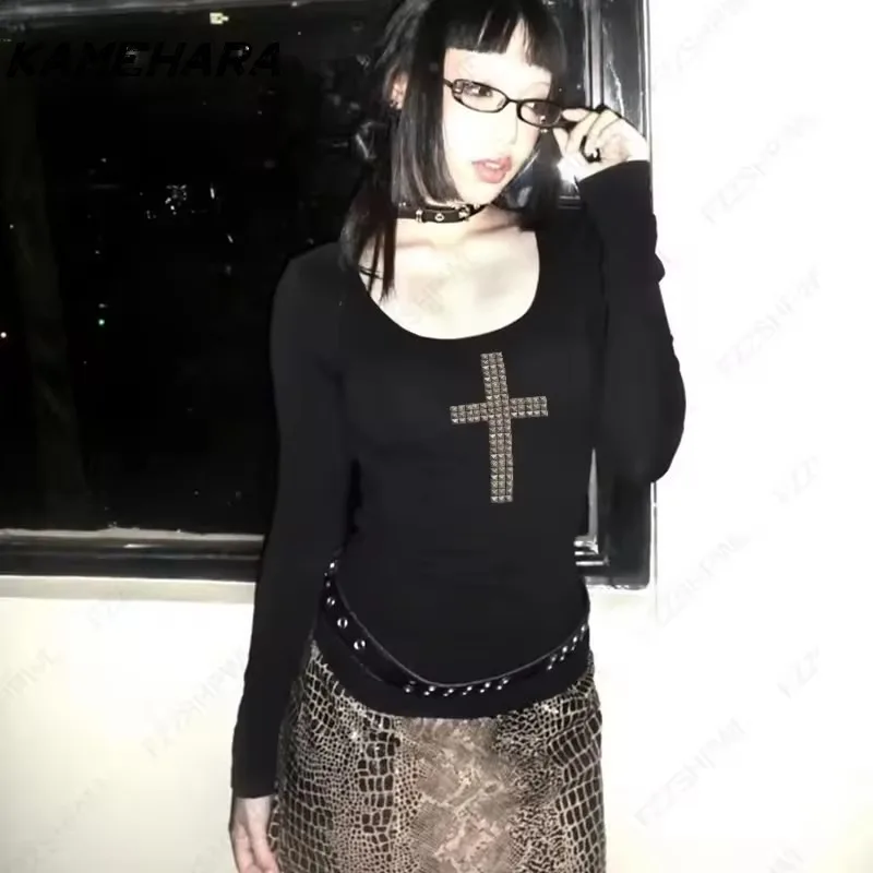 

KAMEHARA Gothic Grunge Punk Emo Girls Long Sleeve Shirt Sexy Slim Chic Print Crop Tops Y2K Harajuku Aesthetic Women's Streetwear