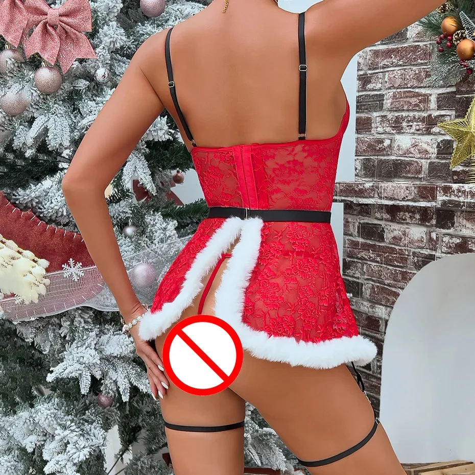 Lingerie de Noël sexy pour femmes, sous-vêtements en dentelle rouge, robe en plumes, nuisette, chemise de nuit, vêtements de nuit, tenue de jeu sexy