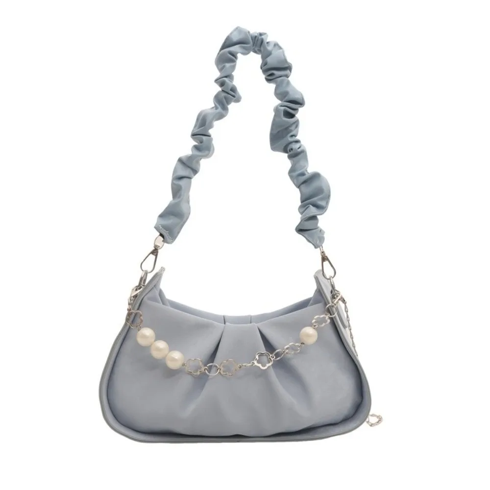 

Сплошная цветная сумка через плечо с облаком, корейский стиль, цепочка с жемчужной цепочкой, сумка через плечо из искусственной кожи, плиссированная сумка на одно плечо, дорожная сумка