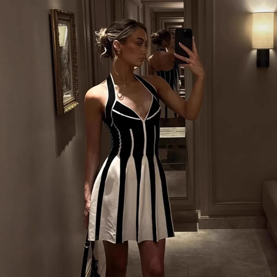 Robe courte à col bas noir et blanc pour femmes, robe de soirée élégante pour les fêtes, les vacances, les spectacles, costume de scène