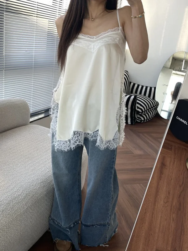Sexy Lace Trim Strap Skirt Mid-thigh Length Korean Style Women's Casual Wear Spring Autumn Winter Seasonal Pure E-commerce