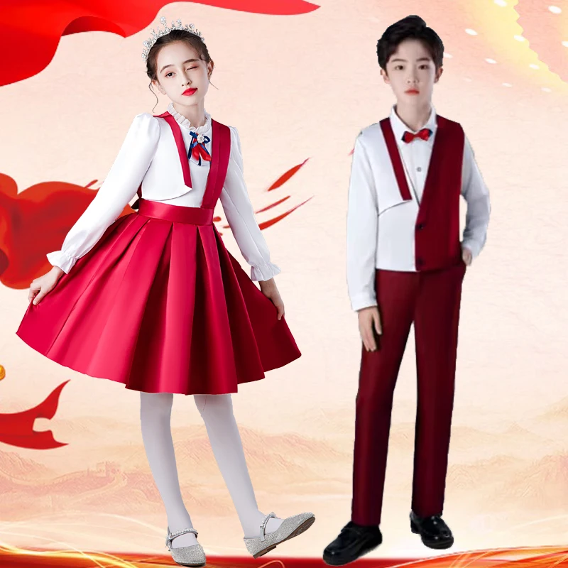 Children group chorus School Uniforms boy and girl presenter speech patriotic poetry recitation high-quality performance costume