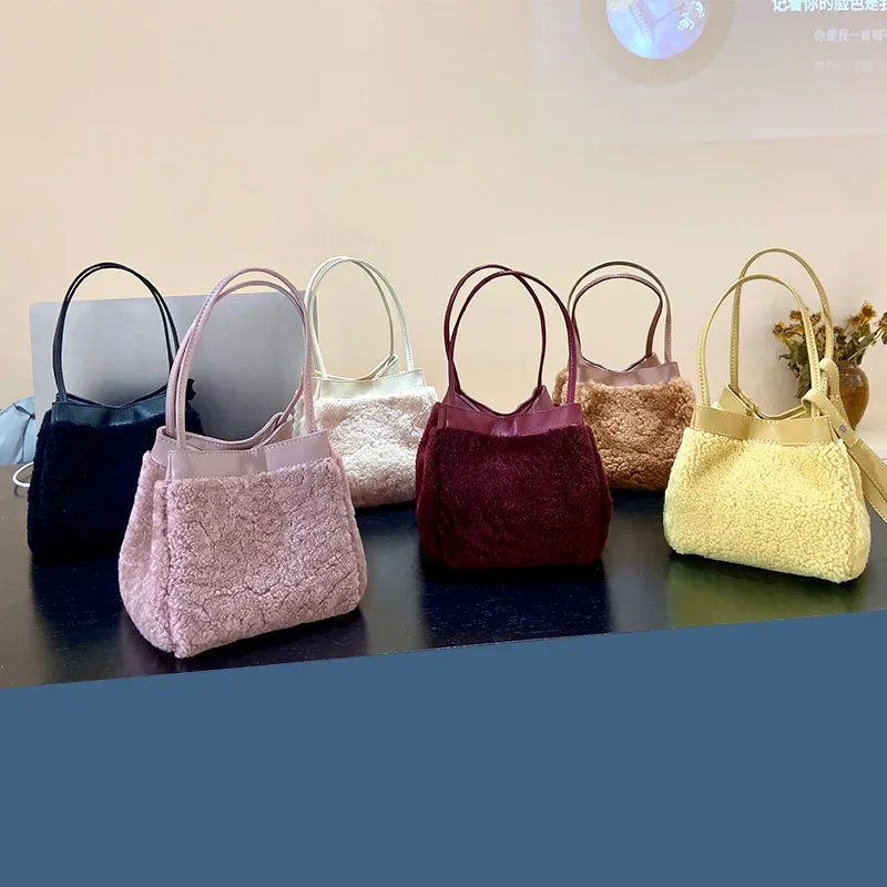 Korean Minority Plush Lamb Wool Bucket Bag Autumn Winter Fashion Portable Shoulder Bags Simple Casual Large Capacity Purses