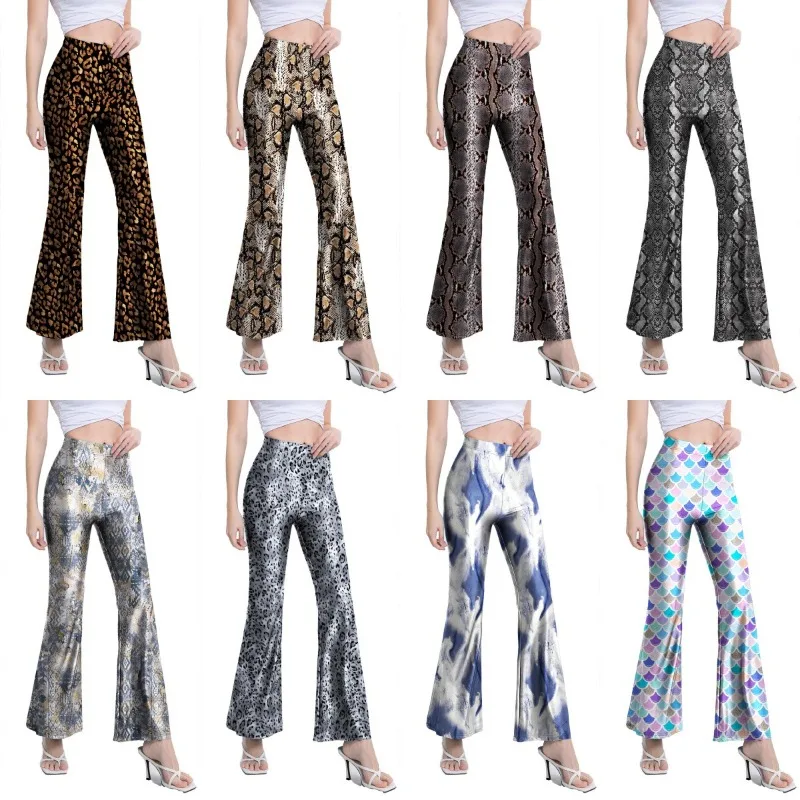 New Sexy Snake Pattern Digital Printing Flared Pants Glossy Slim Pants Women Trousers