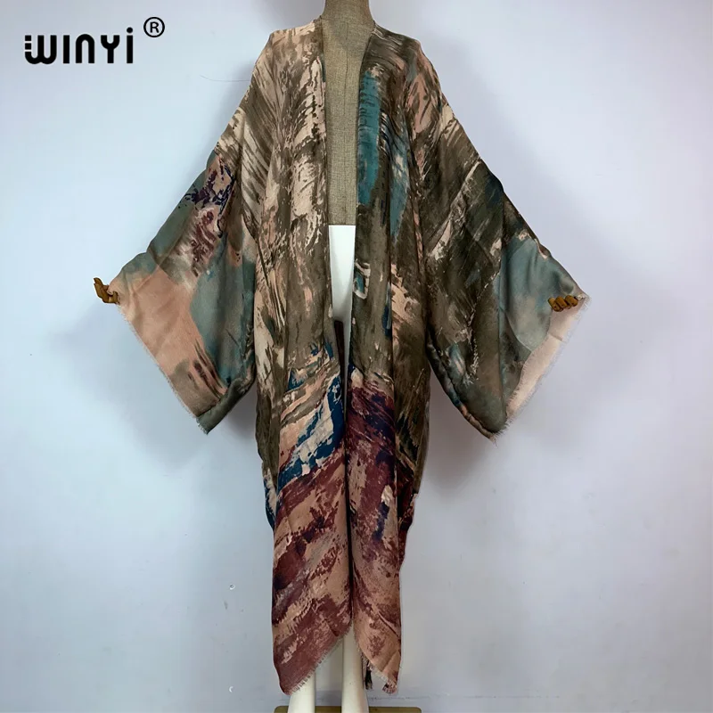 WINYI kimono new Oil print Bikini Cover-up Elegant beach outfits for women sexy cotton feeling vestidos para mujer dress kaftan