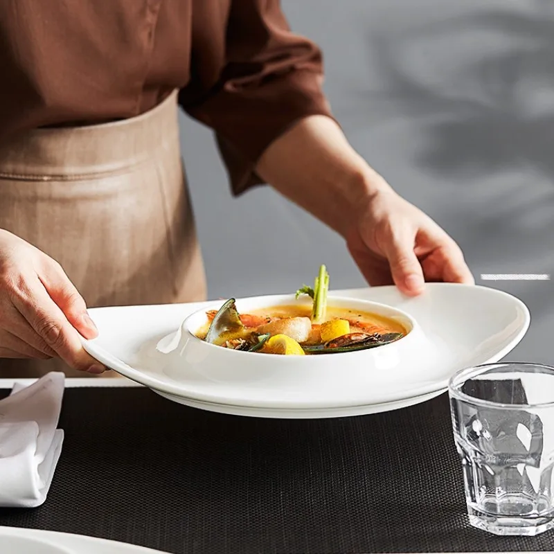 White Ceramic Irregular Shaped Dish Dumpling Plate Hotel Restaurant Soup Chinese Tableware Kitchen Cold Salad