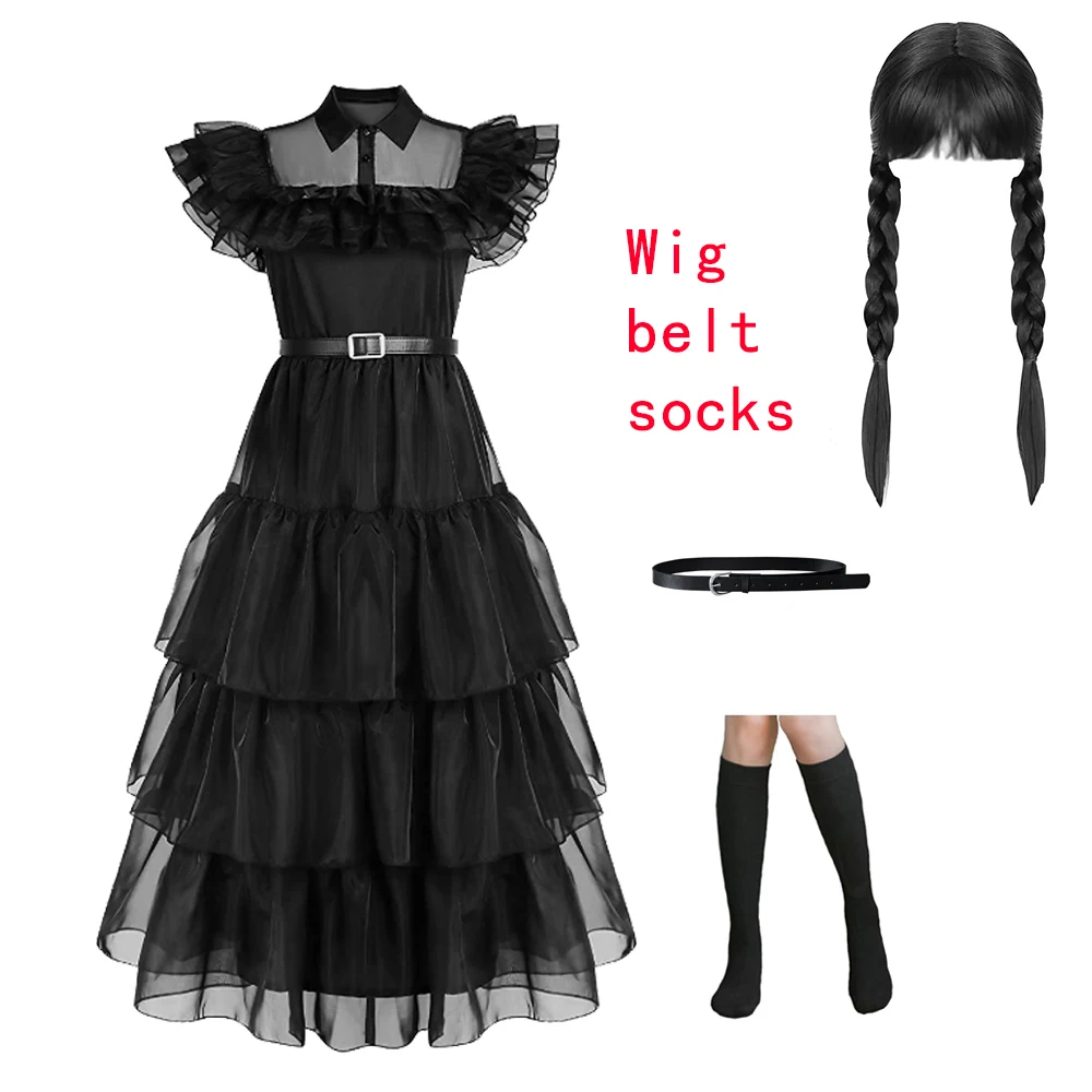 Girls Wednesday Addams Dress 4PCS Sets Cosplay Costume with Wigs Socks Belts Dress Up For Girls 3-12Year Children Party Carnival