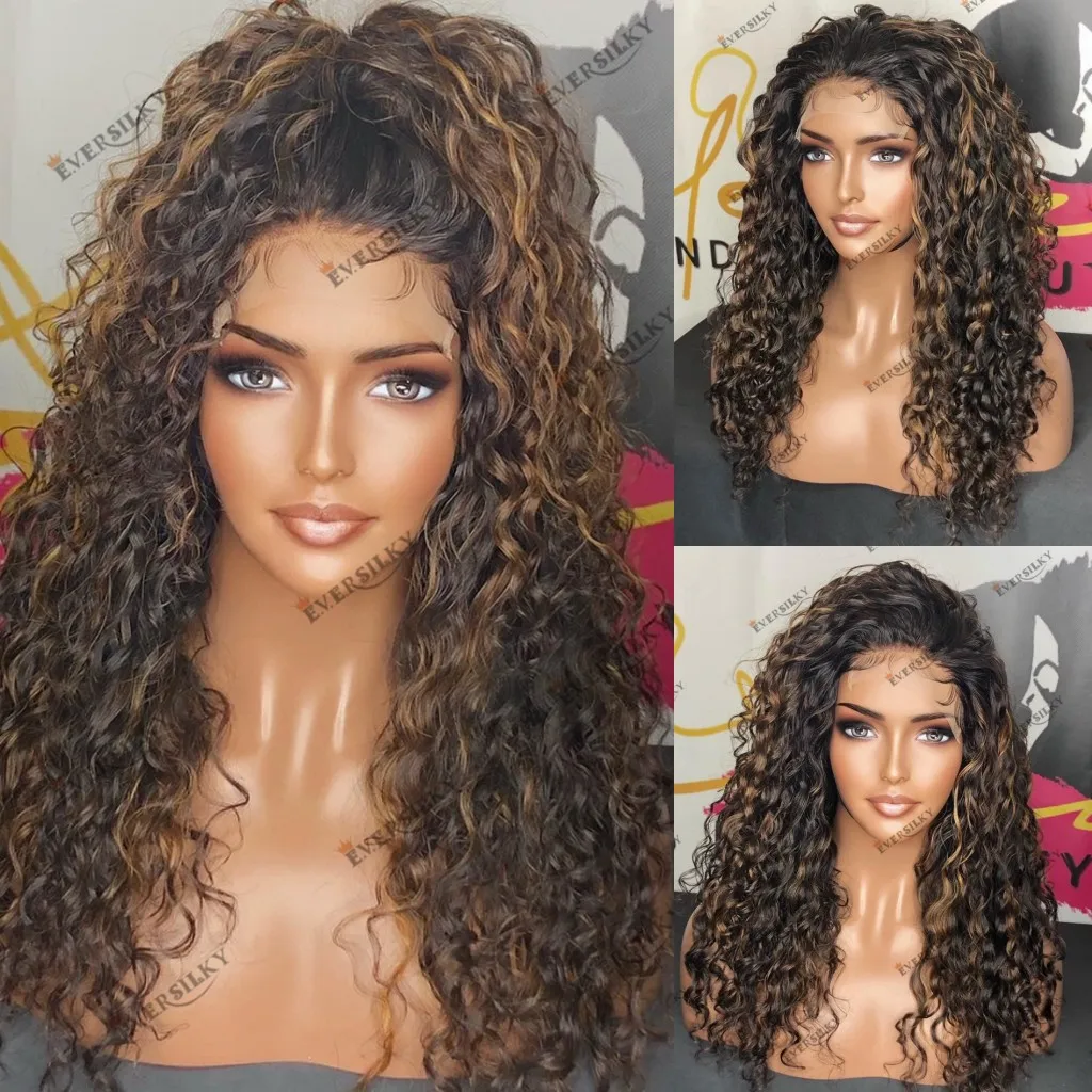 

Water Wave Human Hair 13x6 Lace Front Wig Highlight Brown Blonde Ponytail 360 Lace Frontal Wig 180 Density Remy Peruvian Hair