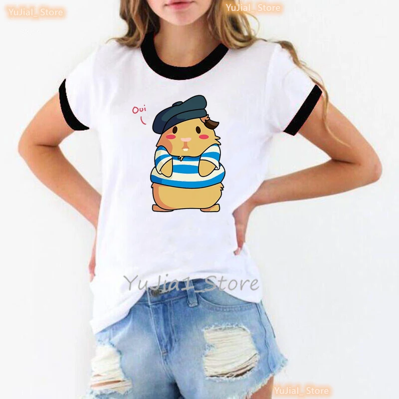 Kawaii Guinea Pig Cartoon Print Tshirt Women'S Clothing Funny White T Shirt Girls Summer Short Sleeve T-Shirt Female Streetwear