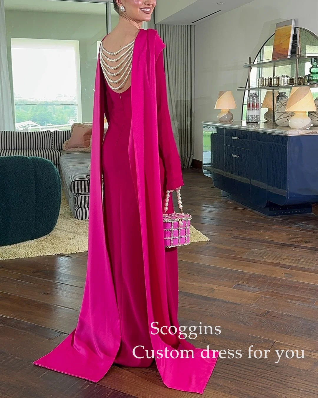 Scoggins فساتين سهرة Column Split Scoop Neckline Floor-Length Watteau Train Long Sleeves Dresses For Prom Wedding Party Dress