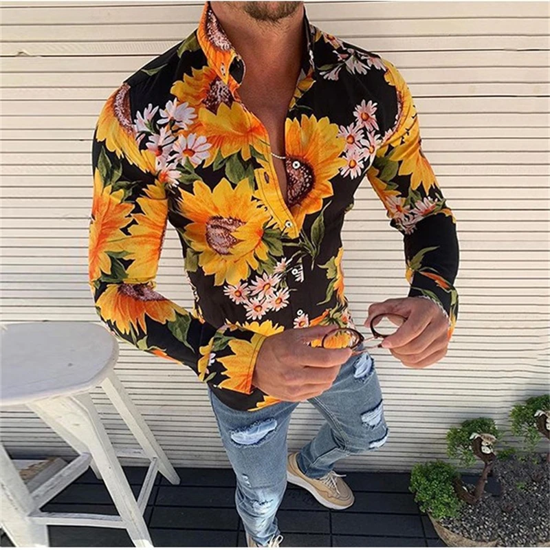 Hawaii Shirts Flower Print Mens Long Sleeve Camisa Holiday Party Tops Oversized T-Shirt For Men Leopard Harajuku Camisa Lapel