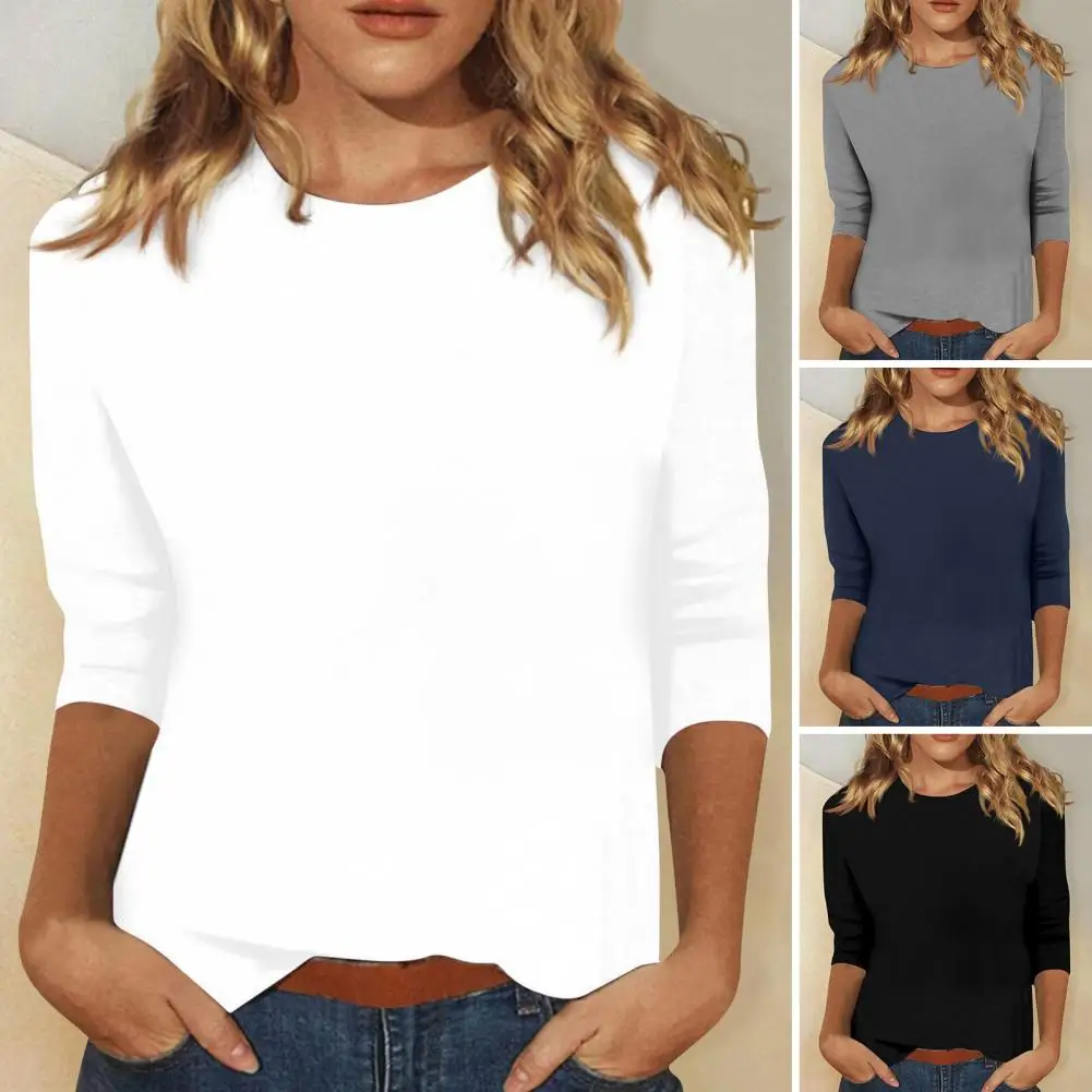 Elastische Vrouwen Blouse Zachte Textuur Vrouwen T-Shirt Stijlvolle Dames Casual T-Shirt Collectie O-hals 3/4 Mouw Pullover Tops Voor Een