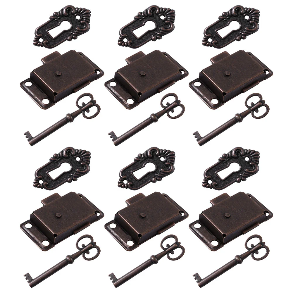 

6 Sets Cabinet Locks Red Bronze with Key Decorative Buckle Brown Wooden Gift