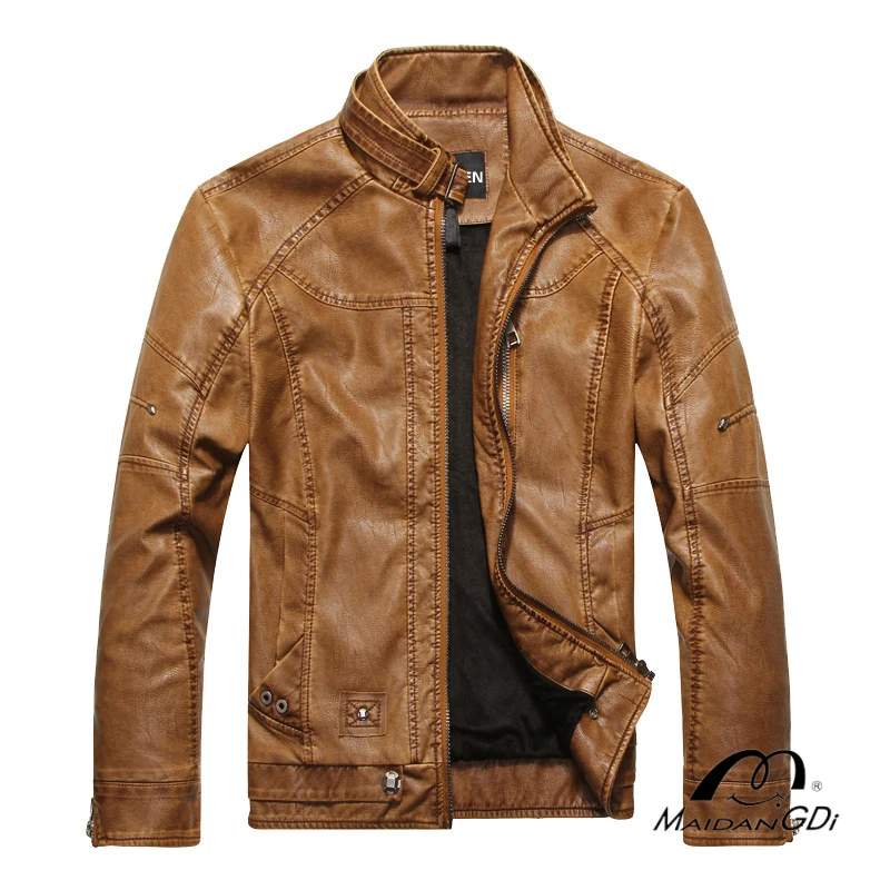 

MaiDangDi Men's Motorcycle Leather Jacket European and American Style Distressed Washed Stand Collar Plus Velvet