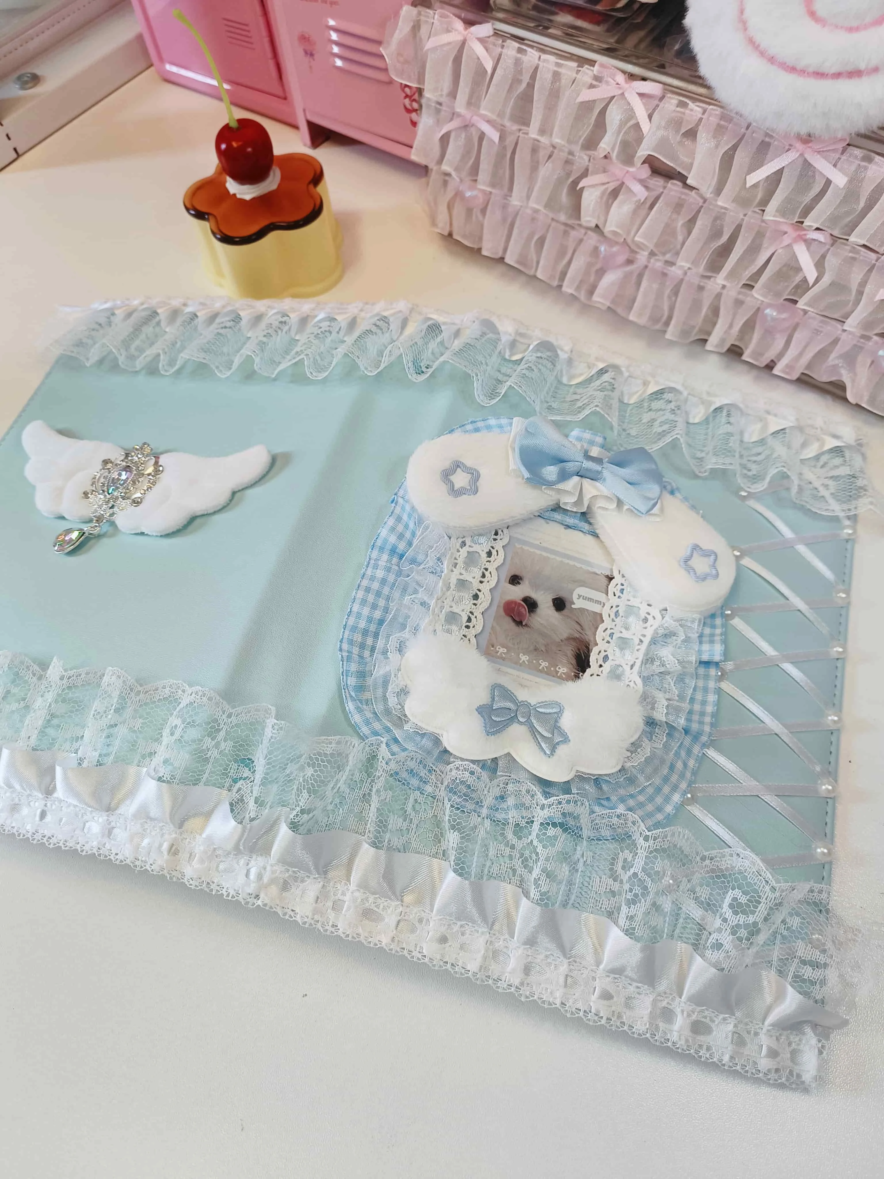 Poka Binder A5 Pocket Kpop Top Loader Photo Card Pc Holder Kpop Album Collect Book Blue Handmade Customized Rabbit Ears Lace