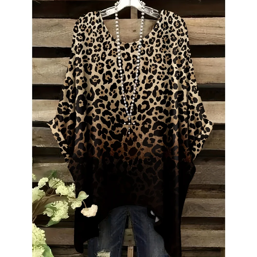 Women's T-Shirt Vintage Leopard Plaid Pattern Print Asymmetrical Hem O-Neck Short Sleeve Tee Casual Fashion Street Outdoor Tops